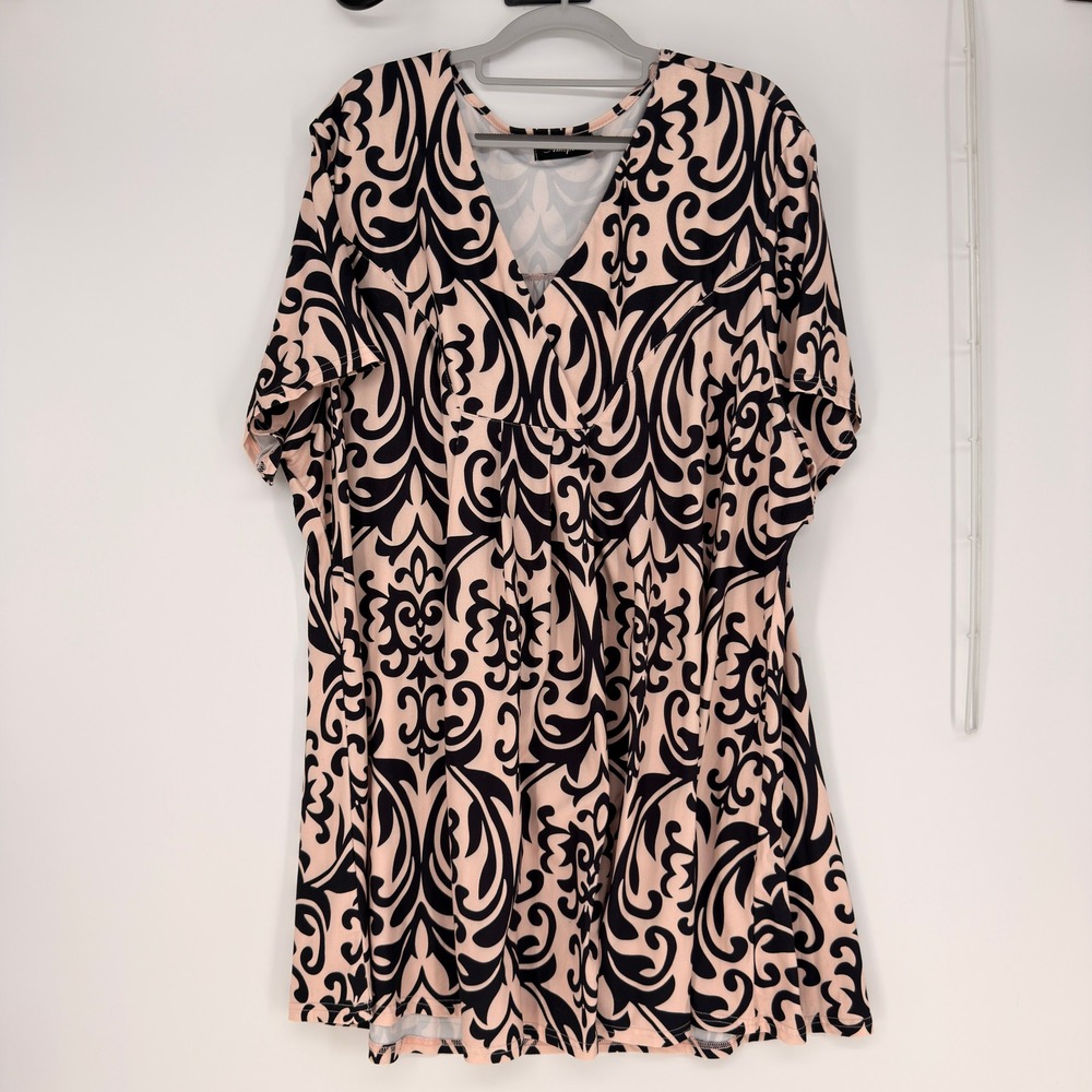 Amzplus Tunic Top Womens 5XL‎ Pink Black Damask Empire Waist Pleated Plus Size